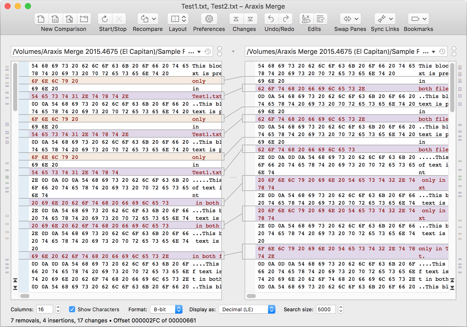 Results of comparing test1.txt and test2.txt