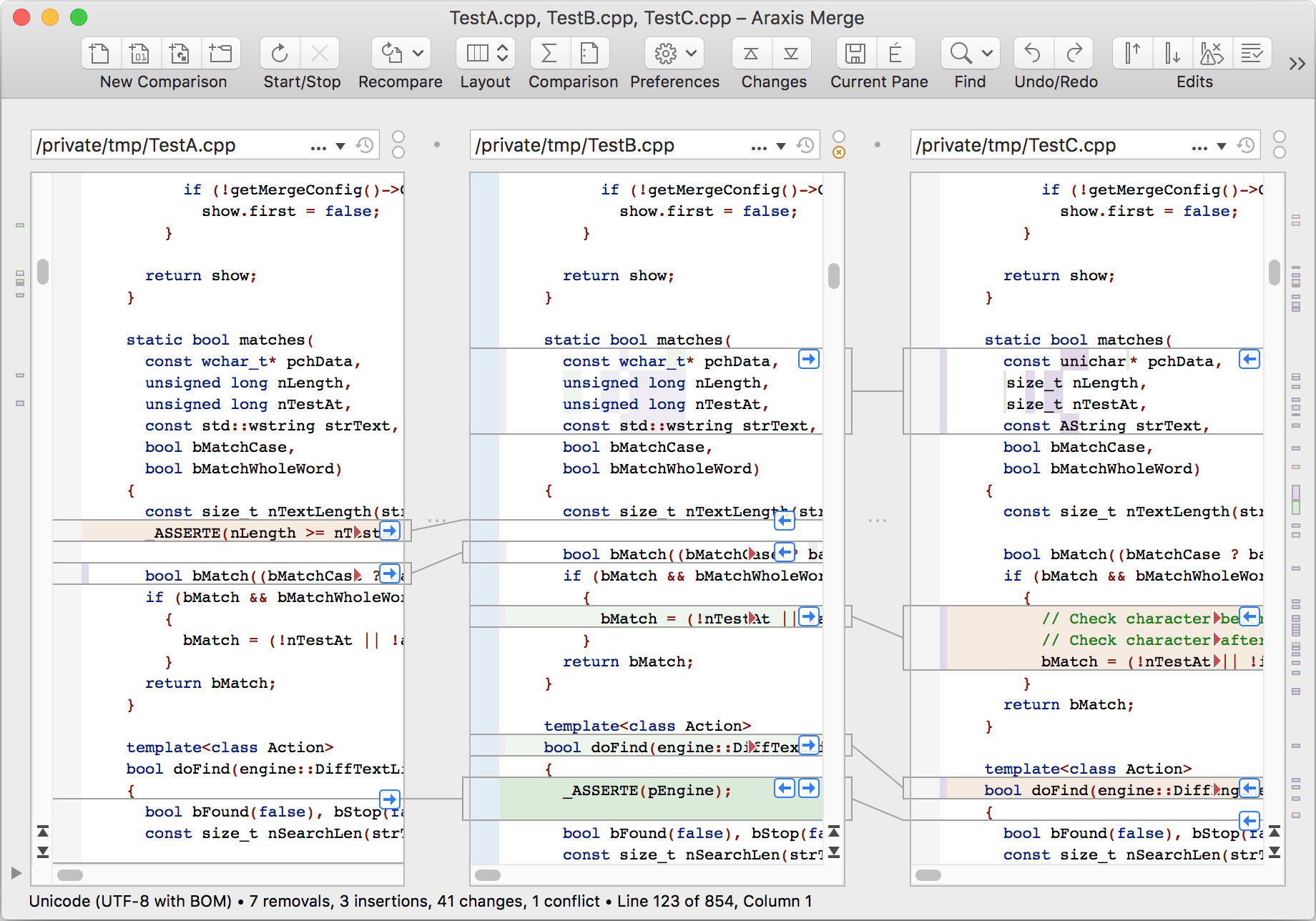 A three-way file comparison