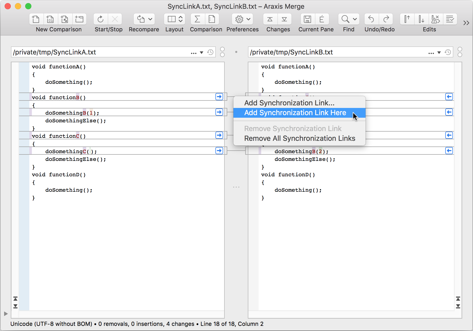 Partial screenshot showing synchronization links context menu