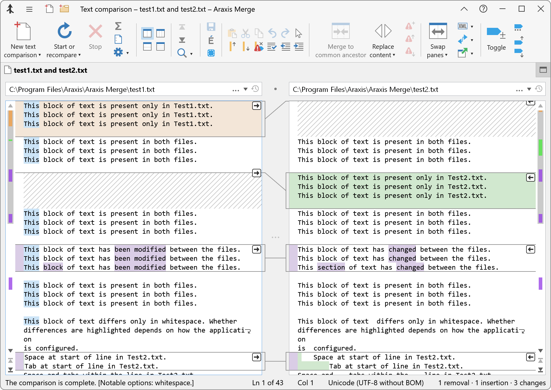 Results of comparing test1.txt and test2.txt with vertical padding to align changes