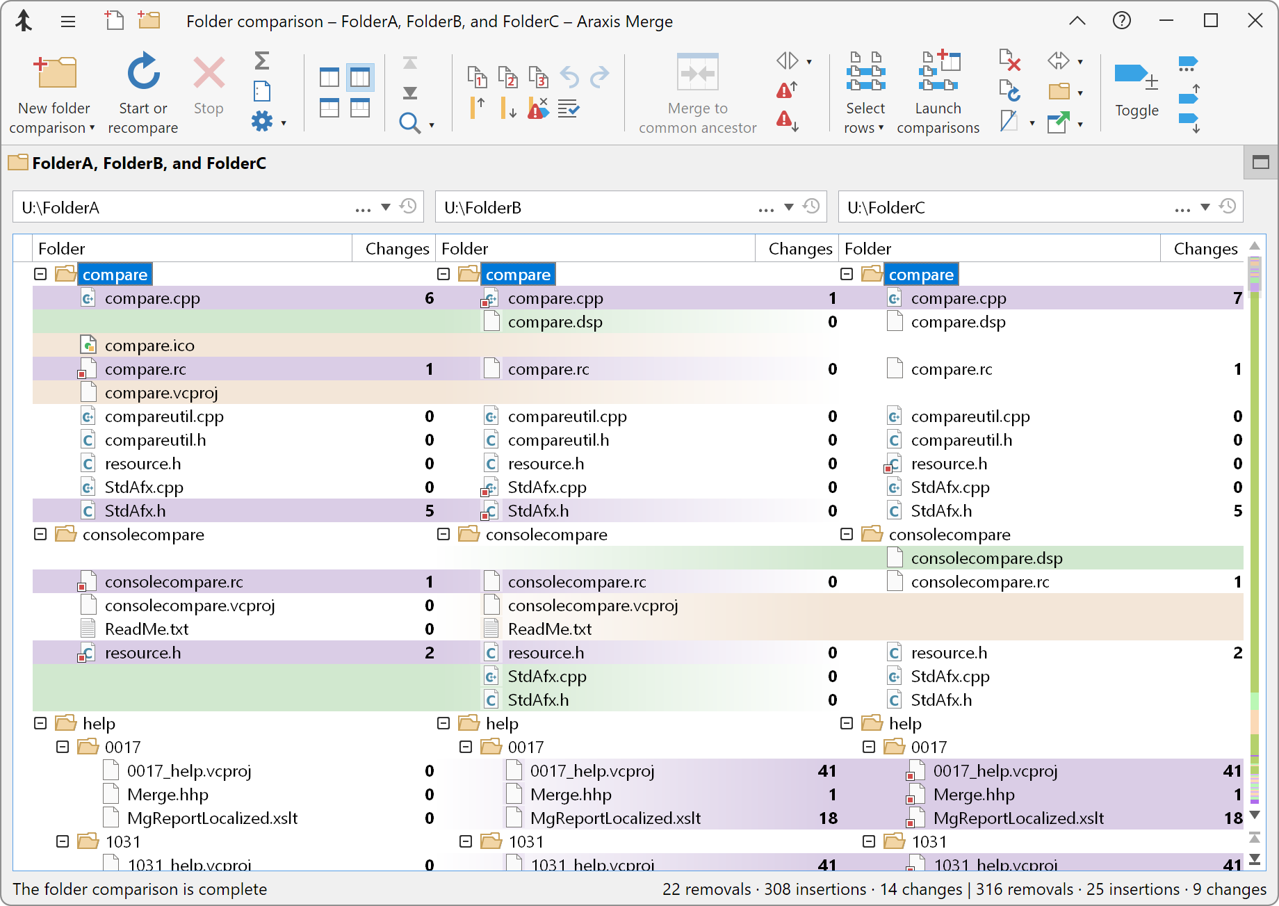 Three-way folder comparison window